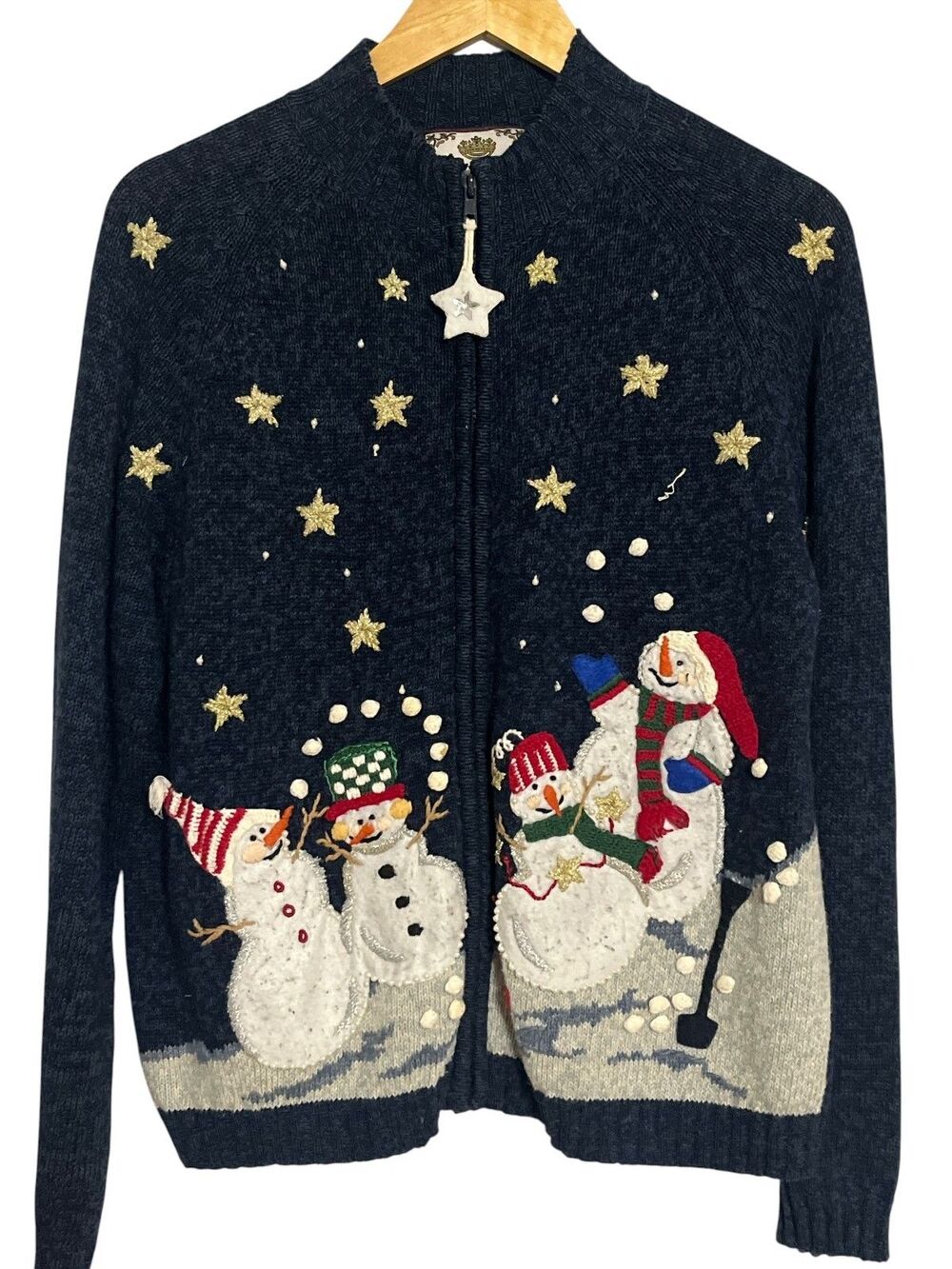 Vintage Tiara International Snowman & Stars Zip Cardigan M Embroidered Christmas